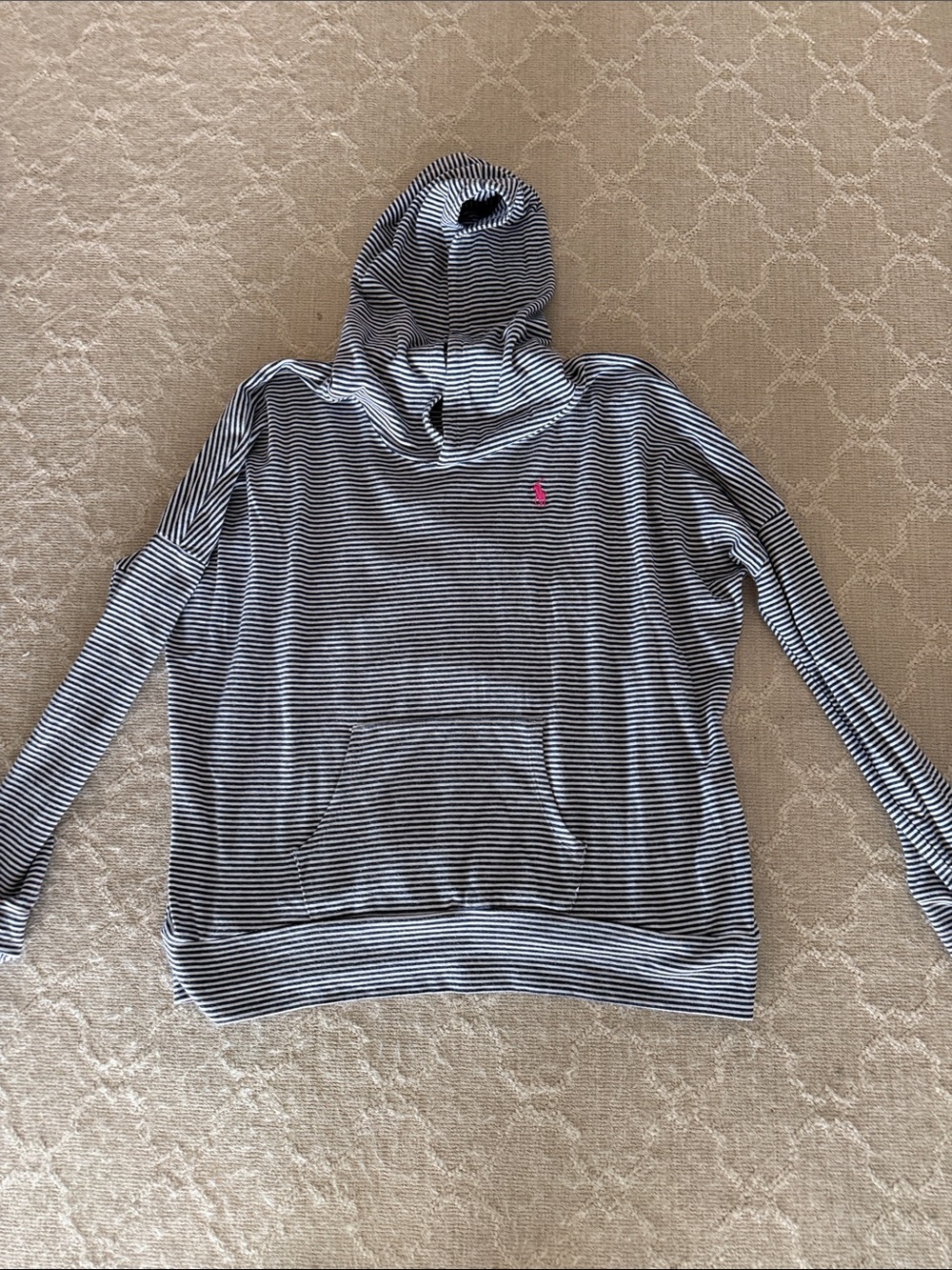 Ralph Lauren Kids Navy and White Striped Hooded Sweatshirt with Pink Logo